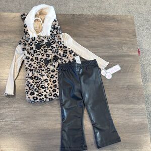 Faux Fur Leopard Hooded Vest with Black Faux Leather Pants